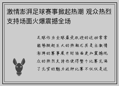 激情澎湃足球赛事掀起热潮 观众热烈支持场面火爆震撼全场