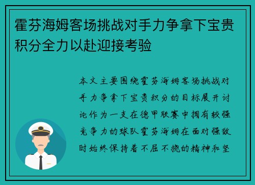 霍芬海姆客场挑战对手力争拿下宝贵积分全力以赴迎接考验