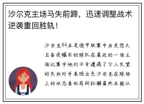 沙尔克主场马失前蹄，迅速调整战术逆袭重回胜轨！