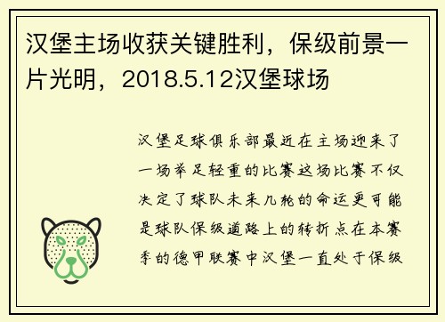 汉堡主场收获关键胜利，保级前景一片光明，2018.5.12汉堡球场