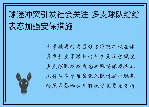 球迷冲突引发社会关注 多支球队纷纷表态加强安保措施