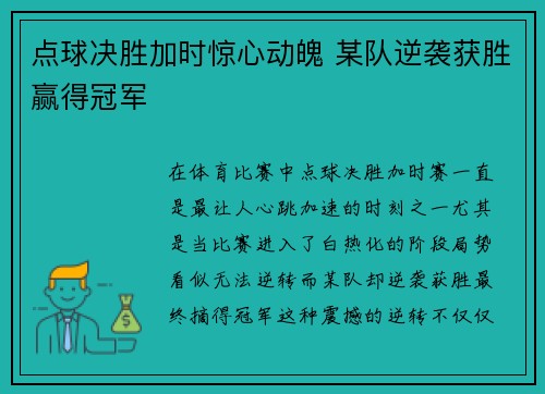 点球决胜加时惊心动魄 某队逆袭获胜赢得冠军