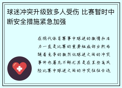球迷冲突升级致多人受伤 比赛暂时中断安全措施紧急加强
