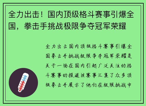 全力出击！国内顶级格斗赛事引爆全国，拳击手挑战极限争夺冠军荣耀